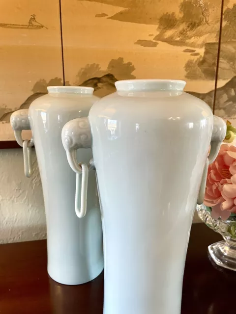 Vintage Caledon Porcelain Chinese Elephant Handle Vase Pair 13.5” 3