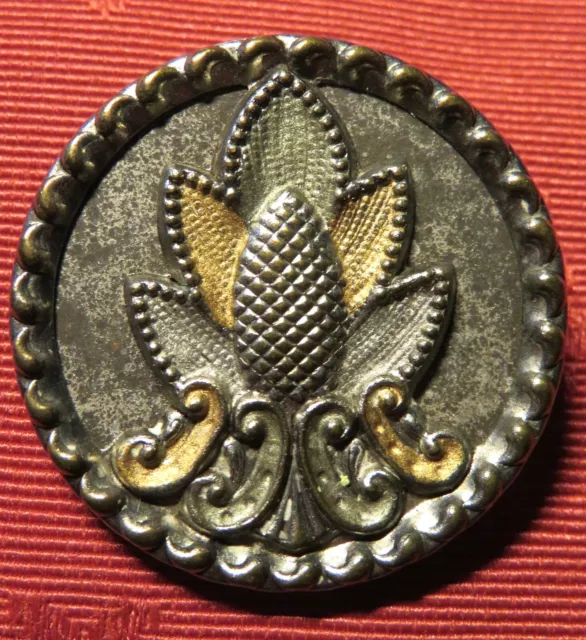BOUTON ART DECO ancien POMME de PIN Métal embossé argenté & doré diamètre: 36 mm