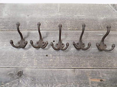 5 Rustic Coat Hooks Cast Iron Double Wall Hooks 3 1/2" Long for Hats, Towel, Sch