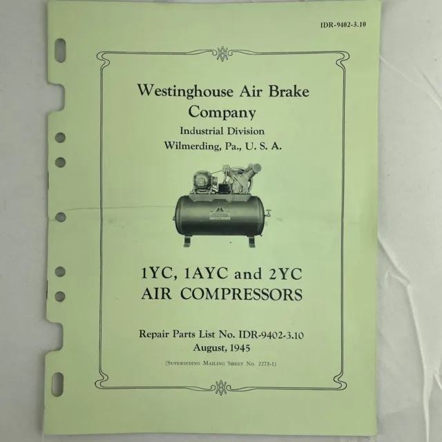 Westinghouse Air Brake Co Parts List Manual for Air Compressor 1YC 1AYC 2YC 1945