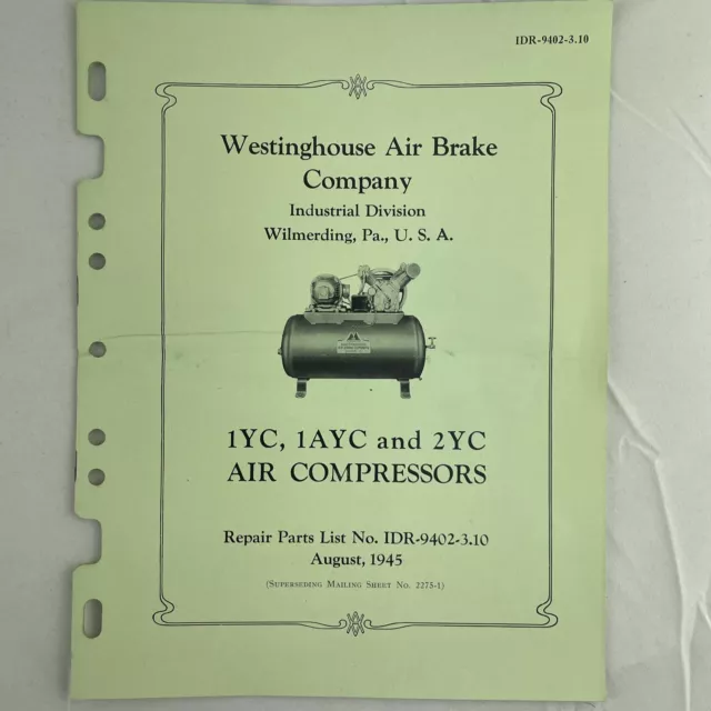 Westinghouse Air Brake Co Parts List Manual for Air Compressor 1YC 1AYC 2YC 1945