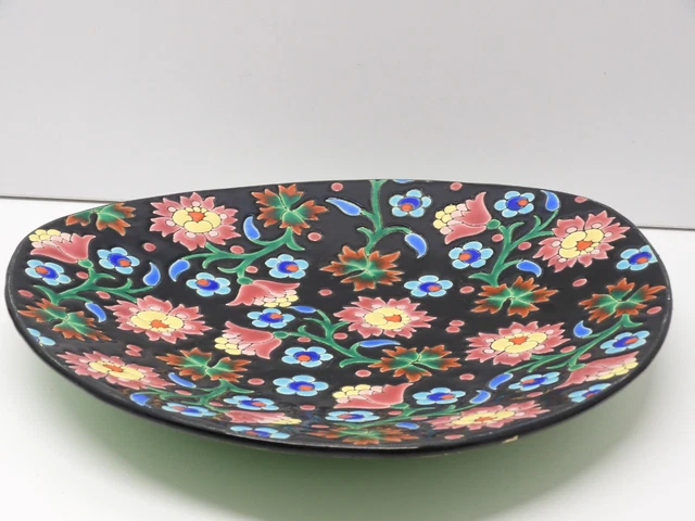 *BELLE ANCIENNE ASSIETTE CERAMIQUE  LONGWY NOIRE FLEURS MULTICOLORES Déco 5670 D 19