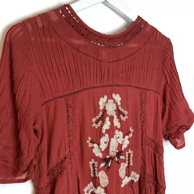 Free People Womens Perfectly Victorian Mini Dress Size XS Red Floral Embroidery