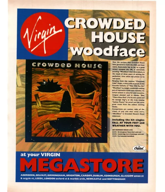 Framed Magazine Single/Album Advert 11X9" Crowded House : Wood Face