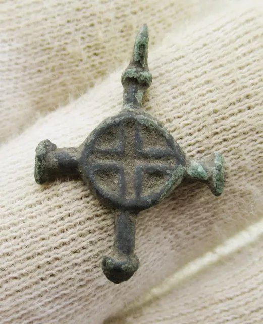 A22 Ancient Byzantine Bronze Ornamented Crusaders Cross Pendant Wearable