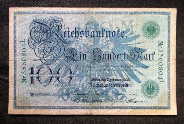 OLD BANKNOTE OF GERMANY (EMPIRE) 100 MARK 1908 BERLIN Nr 3560804L GREEN SEAL