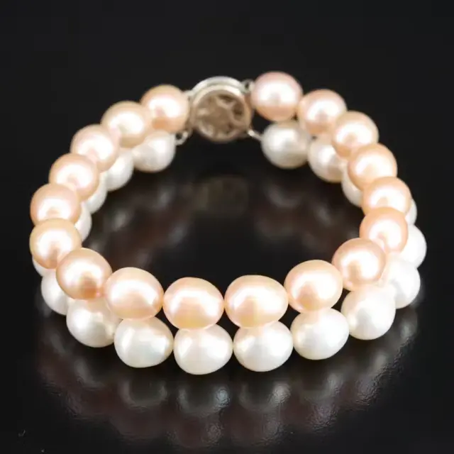 Elegant 7.25" Double Strand Blush/ Cream Pearl Bracelet w/ Sterling Clasp