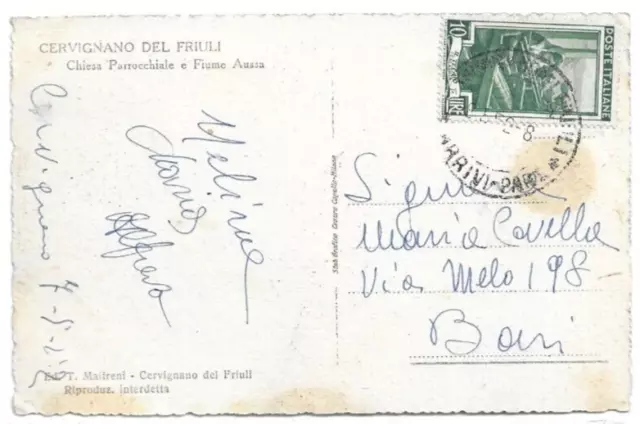 CARTOLINA DI CERVIGNANO DEL FRIULI ,CHIESA E FIUME AUSSA viaggiata 1952 2
