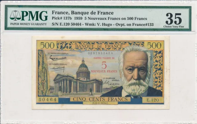 Banque de France France  5 Nouveaux Francs on 500 Francs 1959  PMG  35