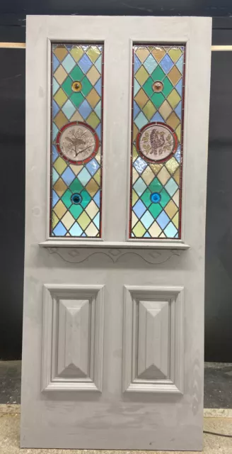 Large Victorian Hand Painted Stained Glass Front Door Old Reclaimed Antique