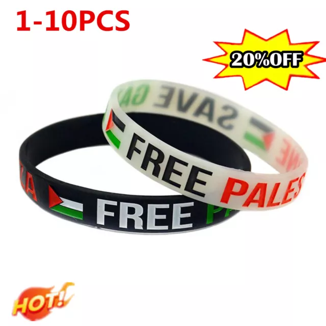 1-10PCS White/Black *FREE PALESTINE SAVE GAZA * Silicone Wristband Flag Bracelet