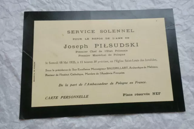 Pologne PILSUDSKI faire part de décès 1935