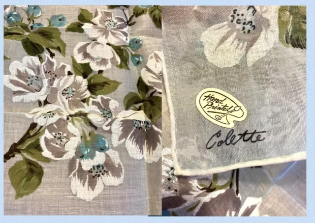 Hand Painted Signed Colette MCM Womens Handkerchief Hankie Dogwood Flowers