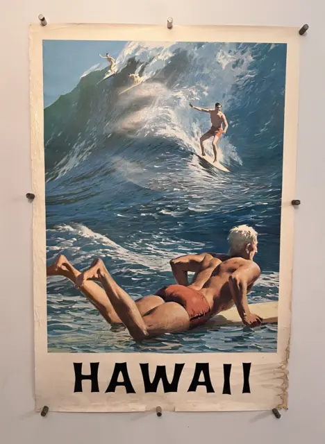 Hawaii SURFING Travel Poster classic art by Chas Allen original ! RARE 1958 !