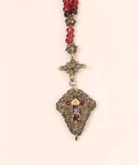 Rosenkranz Gebetskette Kruzifix Glasperlen rot Kreuz Jesus Biedermeier antik