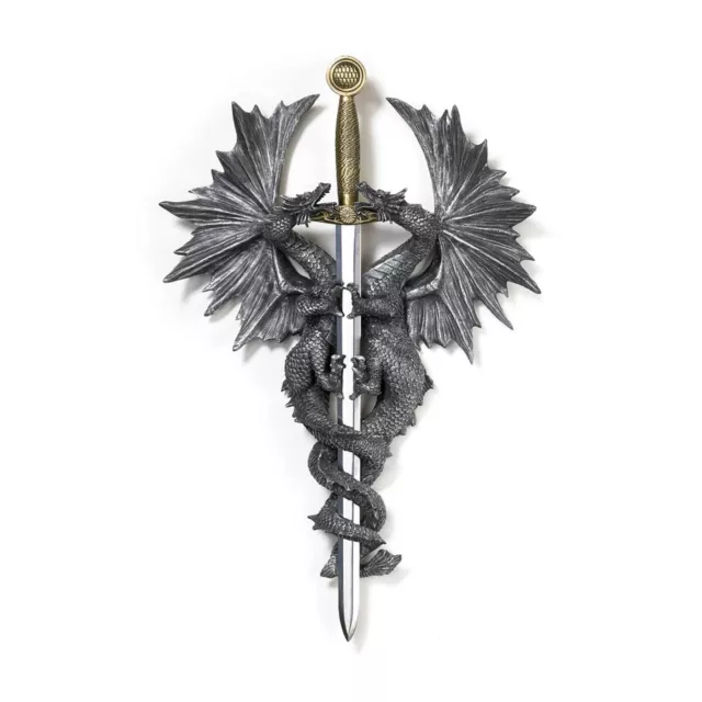 Fantasy Gray Polyresin Stainless Steel Dragon Dagger Mythical Wall Plaque