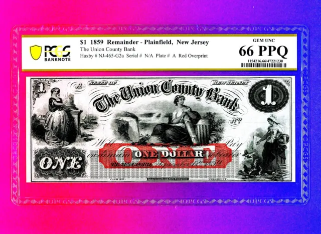 $1 THE Union County Bank New Jersey Plainfield $1 1859 OBSOLETE PCGS 66 PPQ WOW