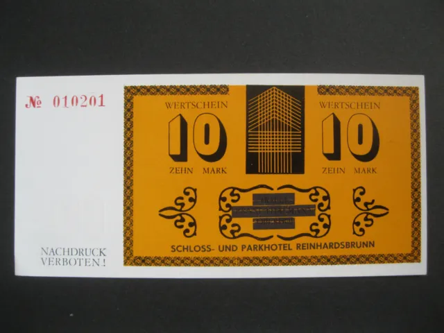 Geldschein Banknote Papiergeld DDR 10 Mark PARKHOTEL REINHARDSBRUNN bankfrisch