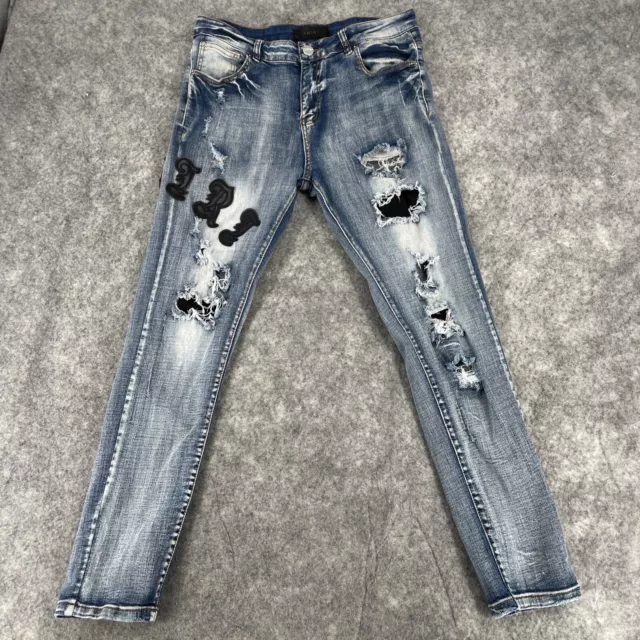 Amiri Jeans Men's 34 Skinny Logo Distressed Holes Logo Blue Pants Mid Rise