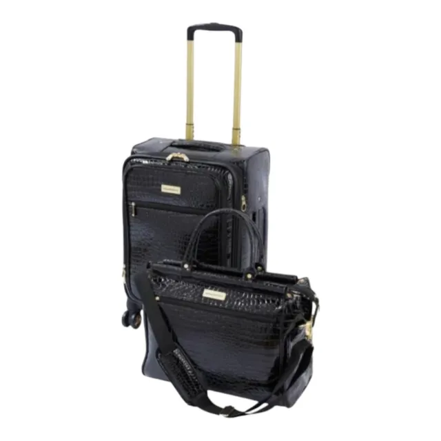 Samantha Brown Luggage Croco Embossed 22" Upright Spinner + Dowel Bag - Black -