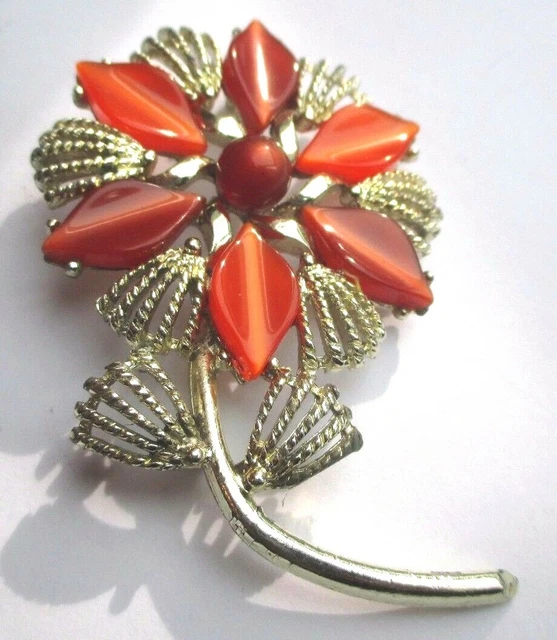 Broche Vintage Fleur Trèfle Avec Cabochon Style Opaline - Couleur Or - Occasion