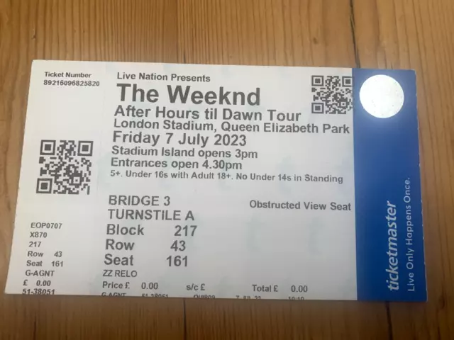 THE WEEKND AFTER Hours til Dawn Tour London Stadium Printed Ticket Stub