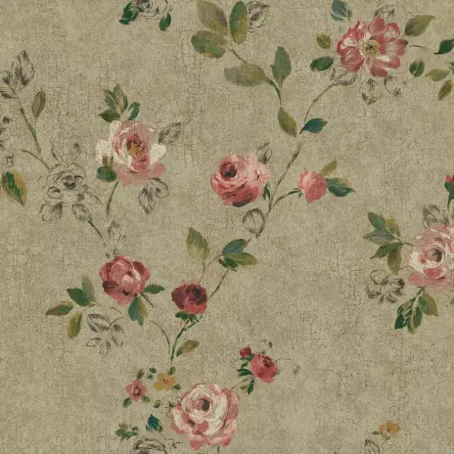 Wallpaper Designer Pink Green White Teal Black Rose Vine on  Tan Crackle