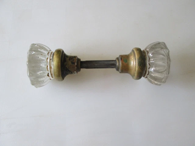 Antique Crystal Glass 12-sided & Brass, Door Knobs  w/1 set of brass back plates
