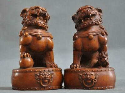 old chinese Boxwood wood carved fengshui 3 lion foo dog beast lucky statue pair