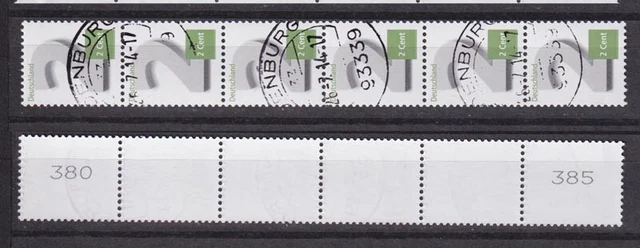 Bund 3042 2-Cent RM 6er Streifen mit gerade + ungerade Nummer gestempelt /2