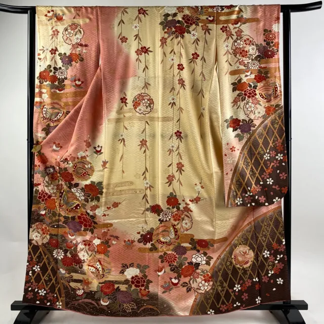 Japanese Silk Kimono Vintage Furisode Gold Pink Butterfly Flower Grass Red 63"