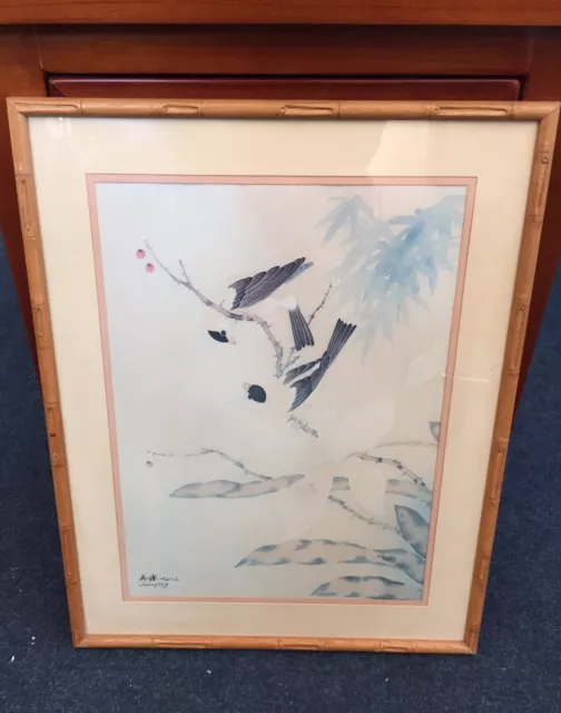 Vintage Johnny Lung Oriental Pastel On Silk Chinese Birds Painting Bamboo Frame