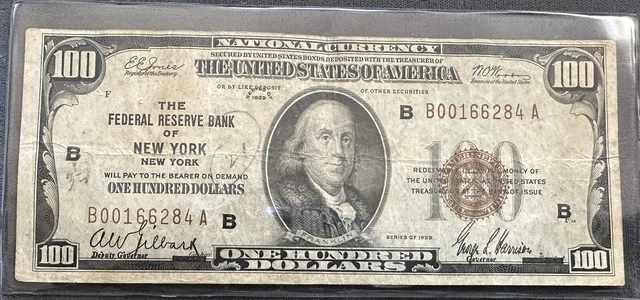 1929 $100 hundred Dollar Federal Reserve Bank of New York Note Brown Seal