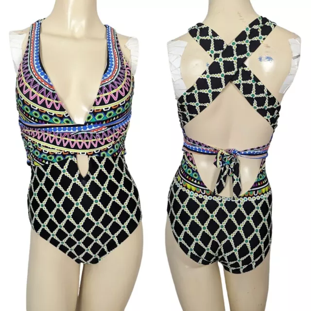 Trina Turk Kon Tiki Crisscross multicolored Plunge one piece Swimsuit size 6