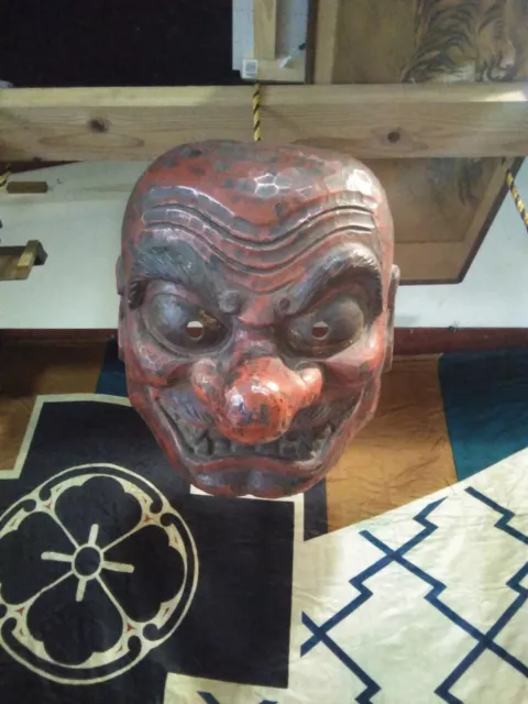 LARGE ANTIQUE JAPANESE WOOD CARVED DEMON  noh mask EMS AIR see attached video