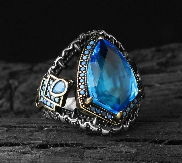 Bague pour homme aigue-marine faite à la main en argent sterling 925 avec...