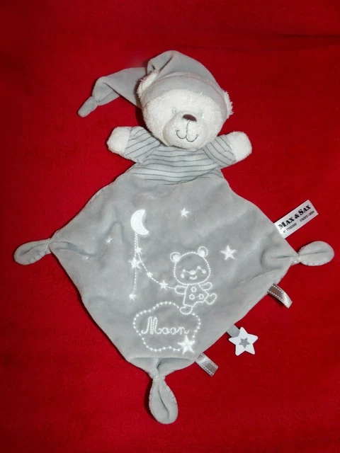 Doudou Plat Max Et Sax Ours Blanc Gris Brodé Etoile Lune Moon