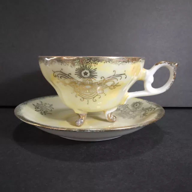 Japanese 3 Footed Teacup and Saucer Vintage Yellow Gold Opalescent Lusterware