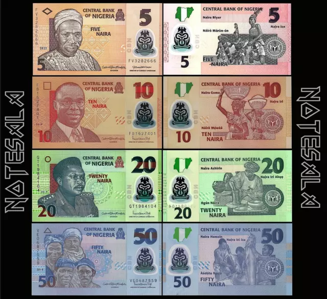 Nigeria Set 4 Pcs 5-10-20-50 Naira 2019-2022 Polymer New-Unc