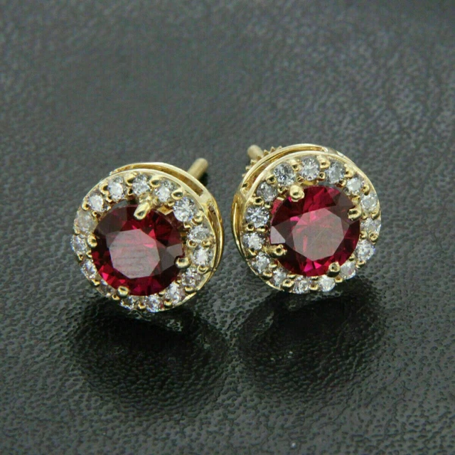 2Ct Round Simulated Red Garnet Women Screw Stud Earring's 18K Yellow Gold Plated