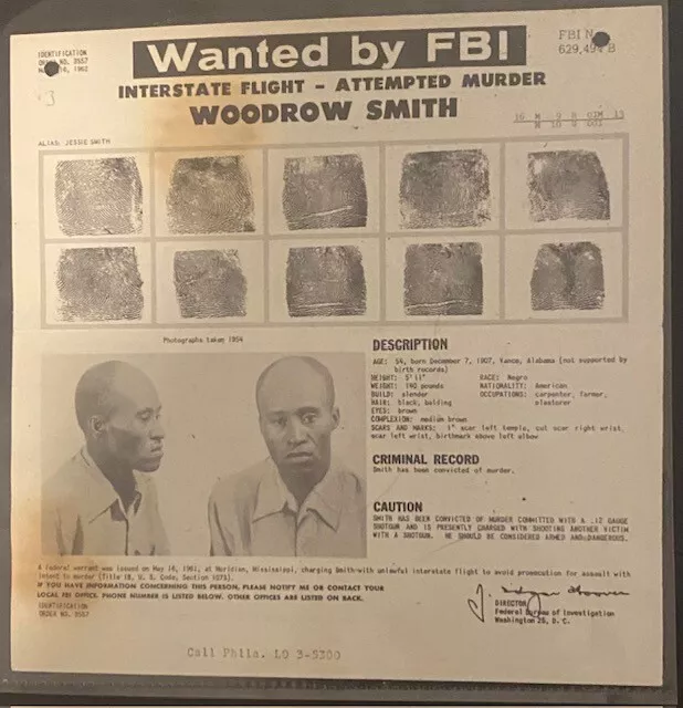 1962 FBI WANTED Poster for Woodrow Smith-Murder with .12 Gauge Shotgun ...