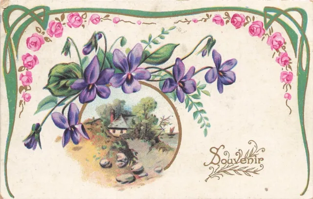 Cp Illustree Souvenir Medaillon Maison Fleurs Roses Violettes