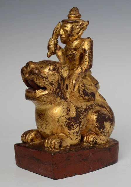 19th Century, Mandalay, Antique Burmese Wooden Angel Riding Tiger