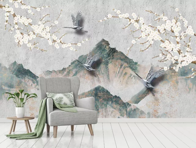 3D Silver Crane Tree R73 Wallpaper Wall Mural Self-adhesive Commerce Kay