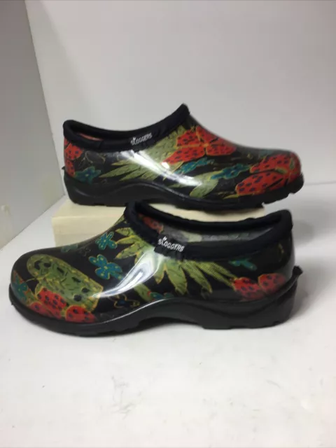 Sloggers Women’s Size 7 Black Floral Waterproof Garden Shoes Slip On Rain Shoes