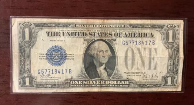 1928 B One Dollar $1 Silver Certificate Funny Back,   Blue Seal