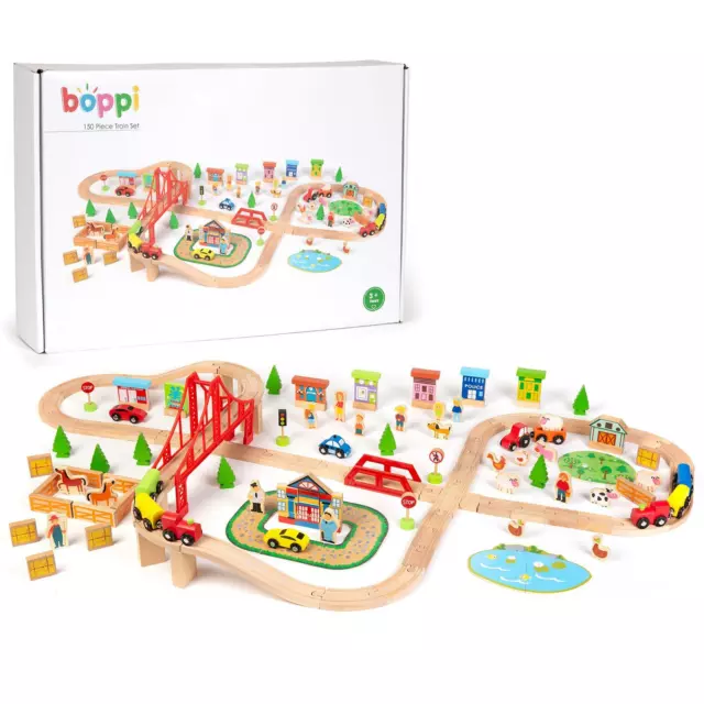 Wooden Toy Train Set Mega 150 pcs City Farm with Shops Cars Bridge Animals boppi