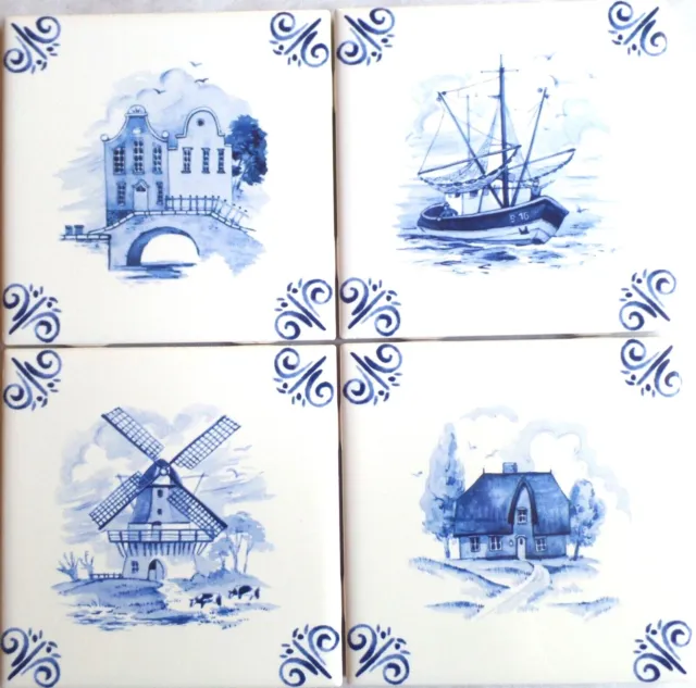 Blue & White Delft Design Houses Ceramic Tile 4.25" Kiln Fired 4 set