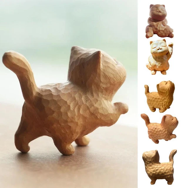 Lovely Chinese Boxwood Wood Hand Carved Cat Statue O4S0