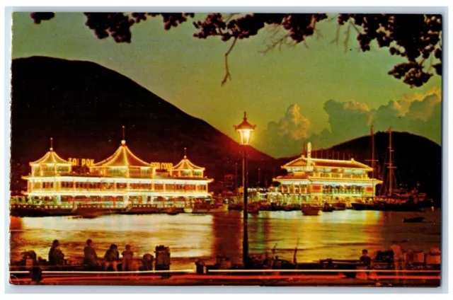 View Of Aberdeen Restaurant By Night Boats  Hong Kong China Vintage Postcard